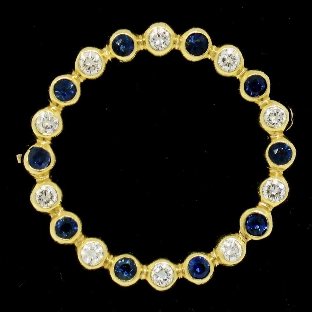 18k Yellow Gold.70 ctw Bezel Round Sapphire & Diamond Circle of Life Pin Brooch