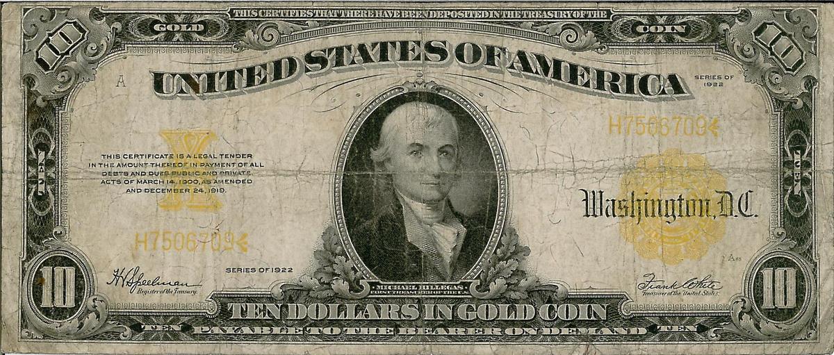 1922 $10 Gold Certificate Bank Note