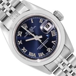 Rolex Ladies Quickset Sapphire Stainless Steel Blue Roman Smooth Bezel Date Watc