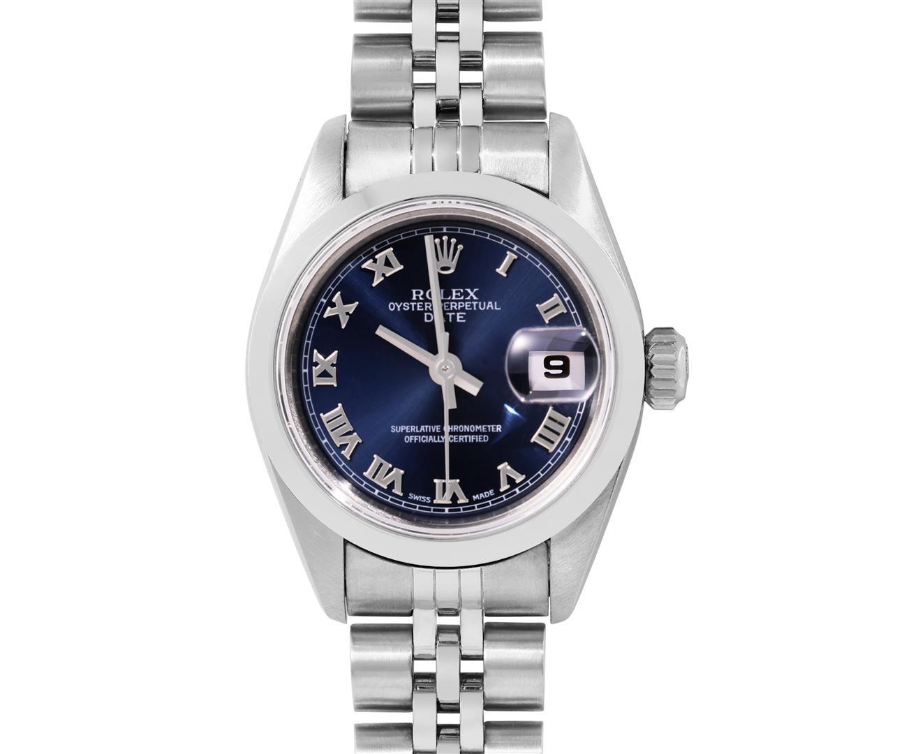 Rolex Ladies Quickset Sapphire Stainless Steel Blue Roman Smooth Bezel Date Watc