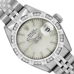 Rolex Ladies Stainless Steel Silver Index White Gold Pyramid Diamond Bezel Date