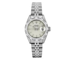 Rolex Ladies Stainless Steel Silver Index White Gold Pyramid Diamond Bezel Date