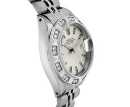 Rolex Ladies Stainless Steel Silver Index White Gold Pyramid Diamond Bezel Date