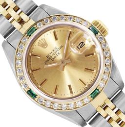 Rolex Ladies 2Tone 18K Diamond And Emerald Bezel Jubilee Date Watch