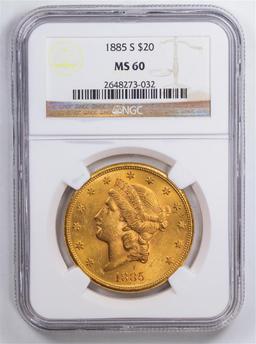 1885-S $20 Saint-Gaudens Double Eagle Gold Coin NGC MS60