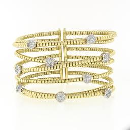 18k Solid Gold 1.52in. Wide Cable Crossover Pave Diamond Cuff Flexible Bracelet