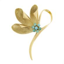 Vintage Italian 18k Gold Cabochon Turquoise w/ Textured Petals Flower Brooch Pin