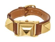 Hermes Brown Metal and Leather Medor Plated 23 Quartz Watch