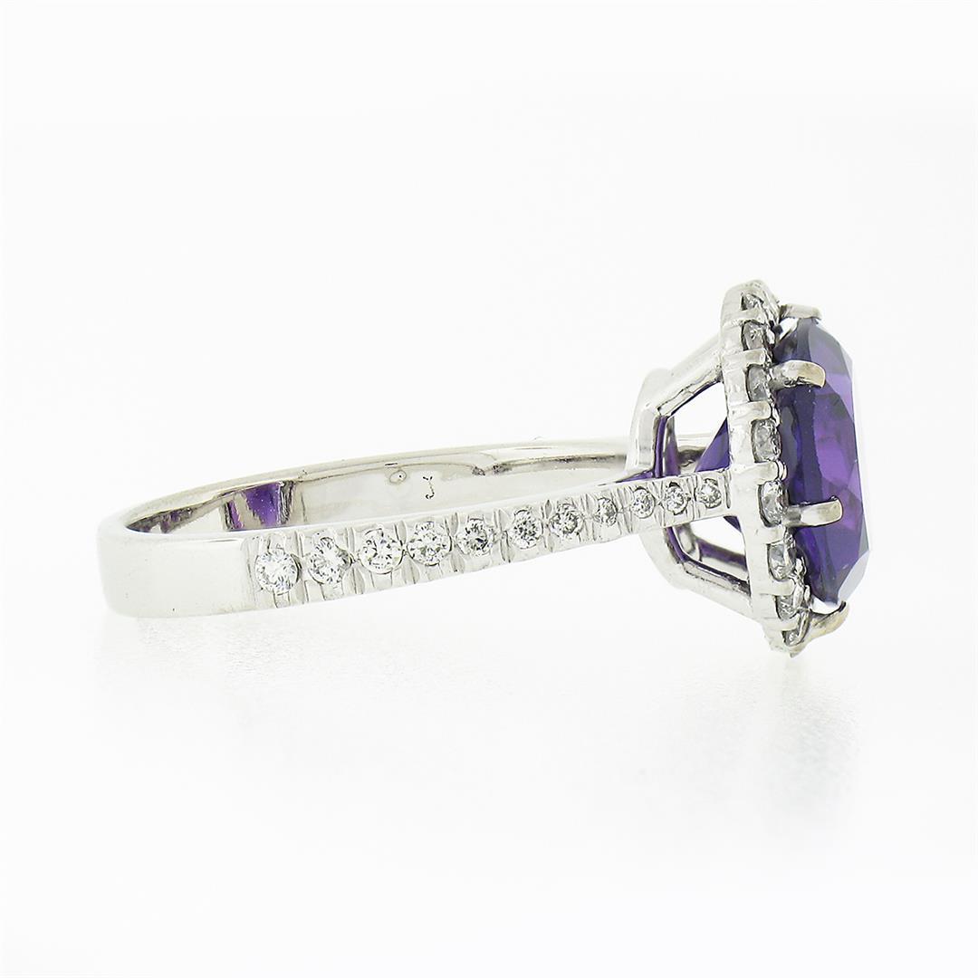 14K White Gold 4.1 ctw Royal Purple Amethyst Solitaire w/ Round Diamond Halo Rin