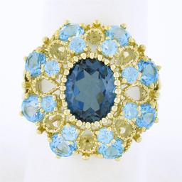 10k Yellow Gold Large Oval Round Blue Stone Open Work Domed Tiered Cluster Ring