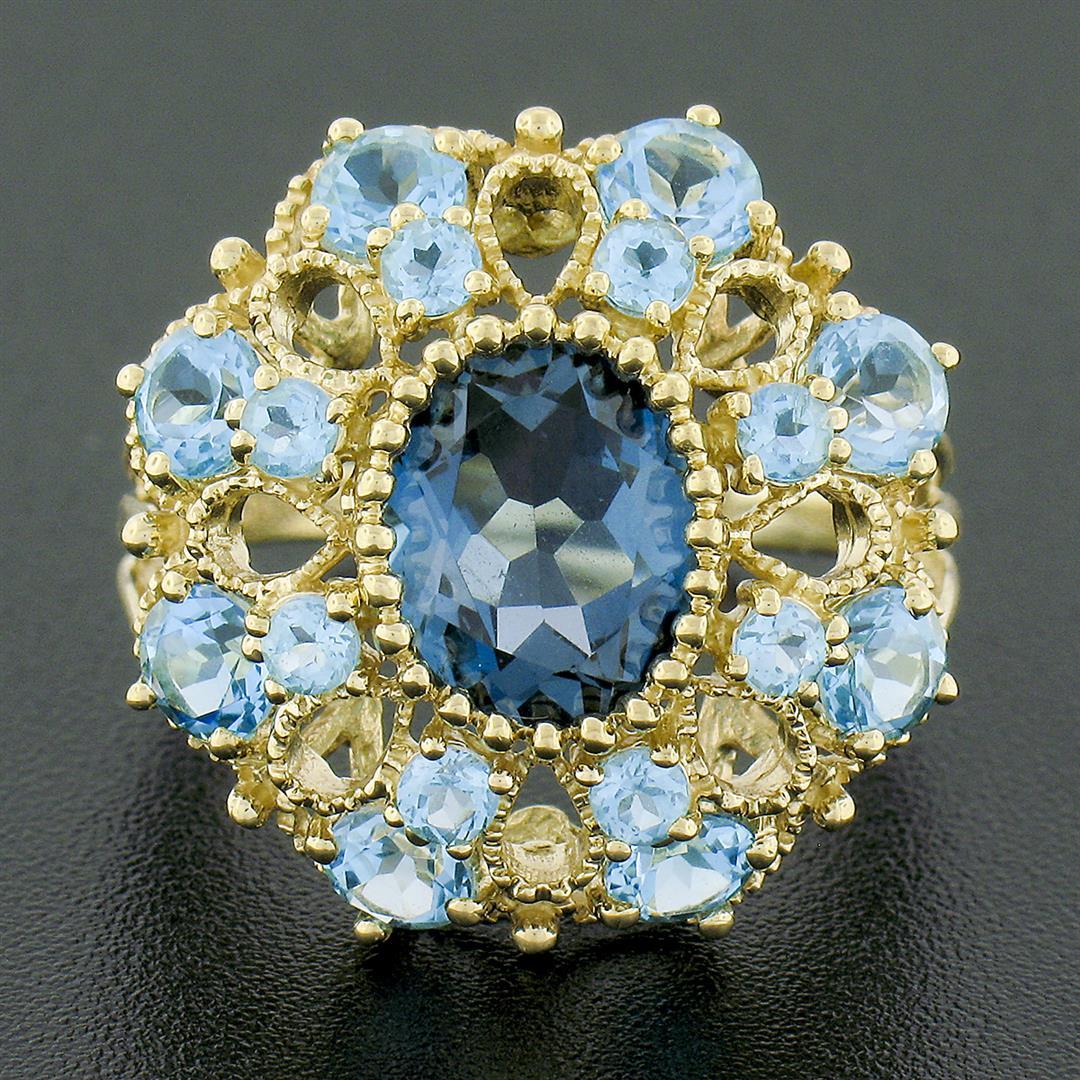 10k Yellow Gold Large Oval Round Blue Stone Open Work Domed Tiered Cluster Ring