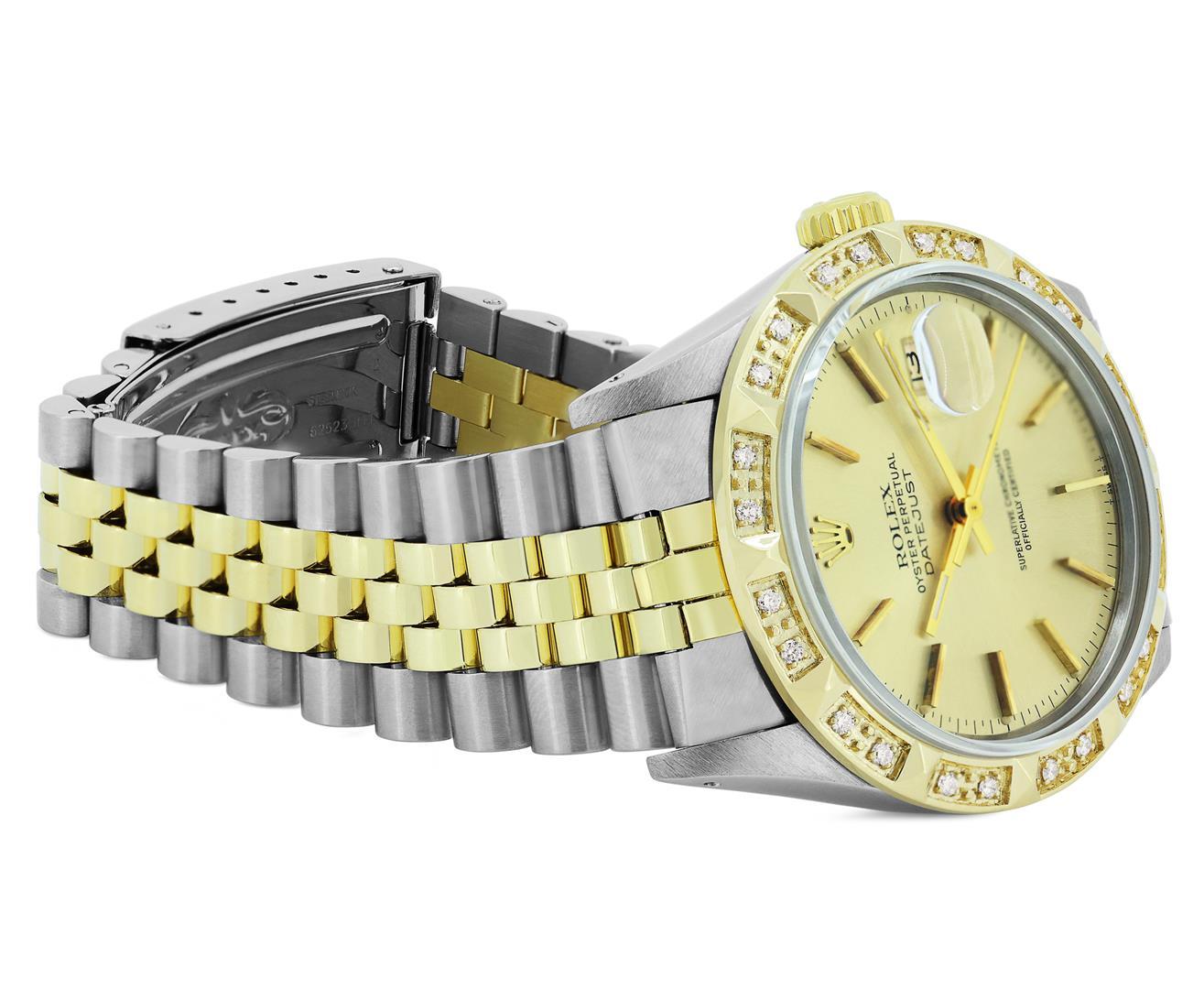 Rolex Mens 36MM 2Tone Yellow Gold And Steel 18K Gold Pyramid Diamond Bezel Datej