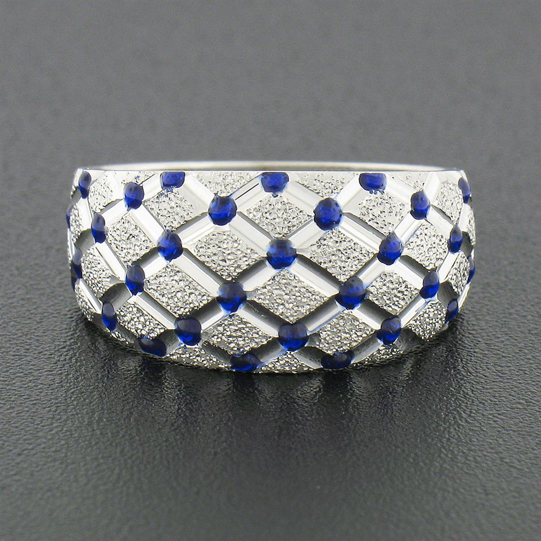 14k White Gold Royal Blue Enamel Dot Tufted Grid w/ Dual Finish Wide Band Ring