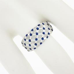 14k White Gold Royal Blue Enamel Dot Tufted Grid w/ Dual Finish Wide Band Ring