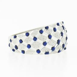 14k White Gold Royal Blue Enamel Dot Tufted Grid w/ Dual Finish Wide Band Ring