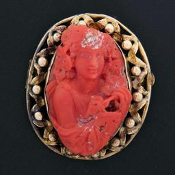 Large Antique Victorian GIA Carved Red Coral Cameo w/ 14k Gold Open Frame Brooch