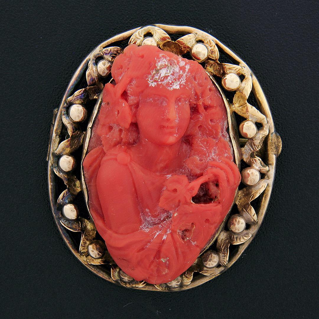 Large Antique Victorian GIA Carved Red Coral Cameo w/ 14k Gold Open Frame Brooch