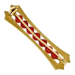 Vintage Italian Faceted 18K Yellow Gold Round Ox Blood Coral Bead Bar Pin Brooch