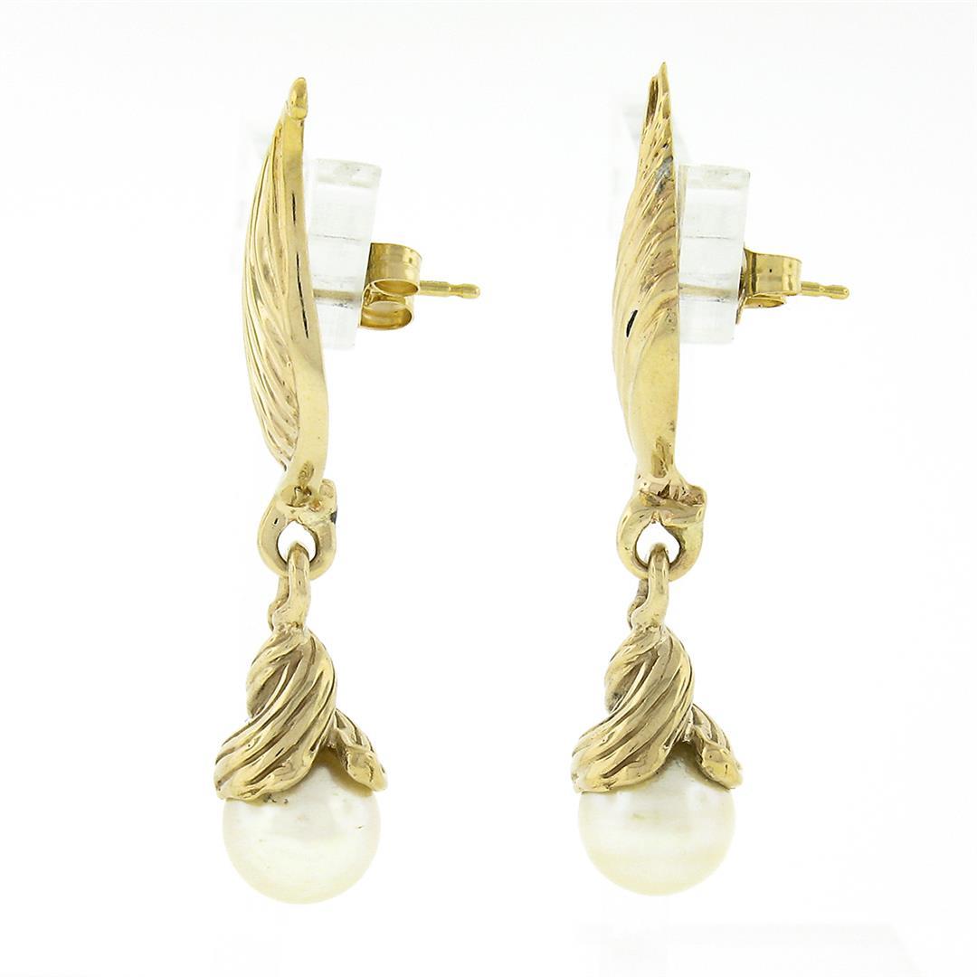 14K Yellow Gold Grooved Textured Wing Feather White Pearl Drop Dangle Earrings