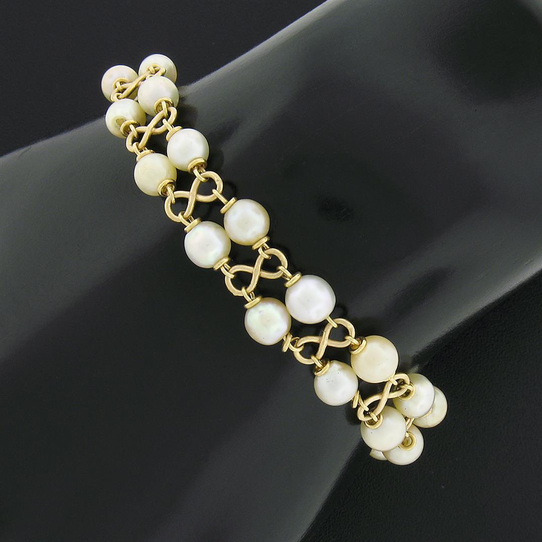 Vintage 14K Gold 6.75" Dual Row Graduating Pearl Figure 8 Infinity Link Bracelet