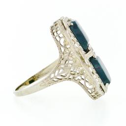 Antique Art Deco 14k White Gold Dual Bloodstone & Diamond Etched Filigree Ring