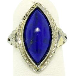 Antique Art Deco 10k White Yellow Gold Bezel Marquise Cabochon Lapis Lazuli Ring