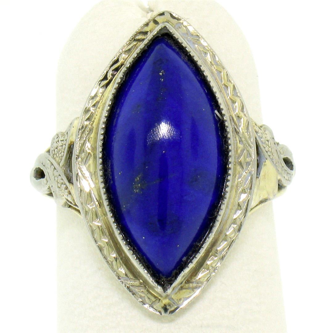 Antique Art Deco 10k White Yellow Gold Bezel Marquise Cabochon Lapis Lazuli Ring