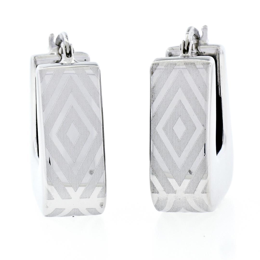 New Italian 14K White Gold Dual Finished Marquise Pattern Huggie Snap Earrings