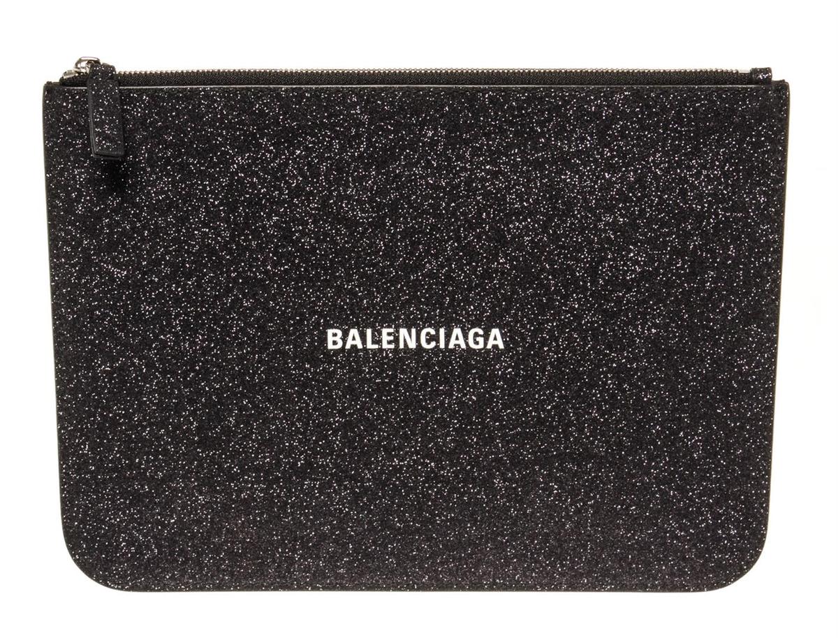 Balenciaga Black Glitter Leather Logo-Print Zipped Clutch