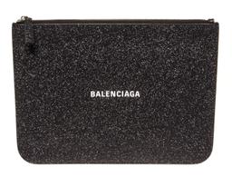 Balenciaga Black Glitter Leather Logo-Print Zipped Clutch