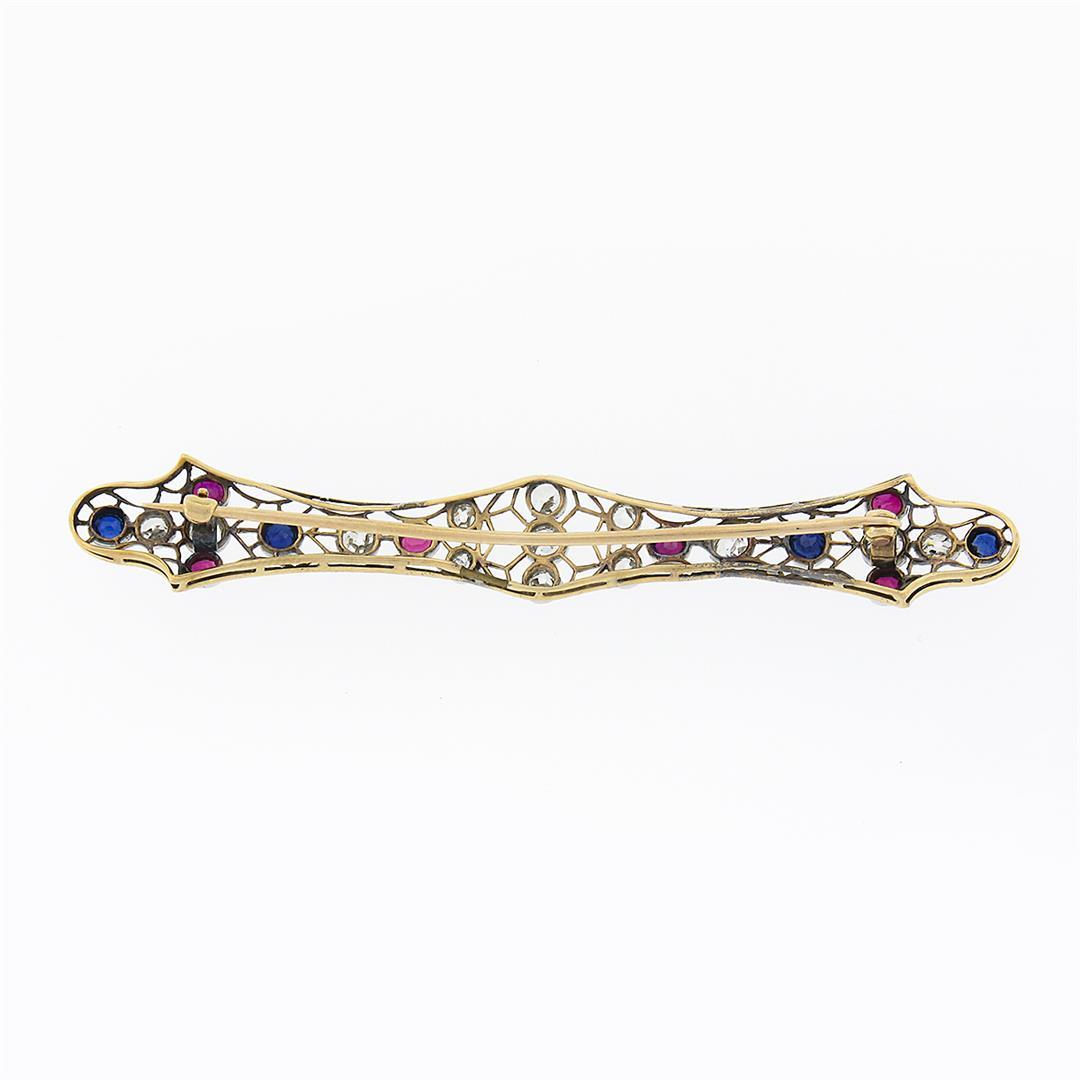 Antique Victorian 14k Gold & Platinum GIA Old Sapphire Ruby Diamond Long Bar Pin