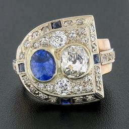 Antique Retro 14K Gold 3.65 ctw Bezel GIA Cushion Diamond & Sapphire Cocktail Ri