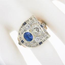 Antique Retro 14K Gold 3.65 ctw Bezel GIA Cushion Diamond & Sapphire Cocktail Ri