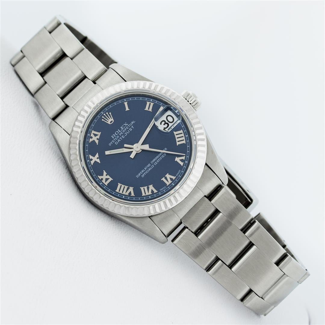 Rolex Ladies Midsize 31MM Factory Blue Roman 18K Gold Fluted Bezel Datejust