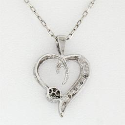 10k White Gold Pave Set Single Cut Diamond Open Heart Flower Cluster Pendant Nec