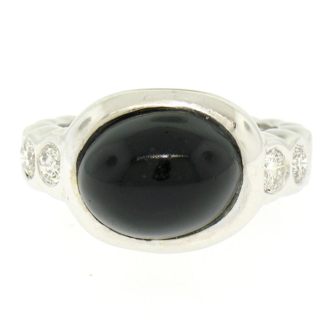 18K White Gold Oval Bezel Set Black Onyx & Burnish Set Round Diamond Bubble Ring