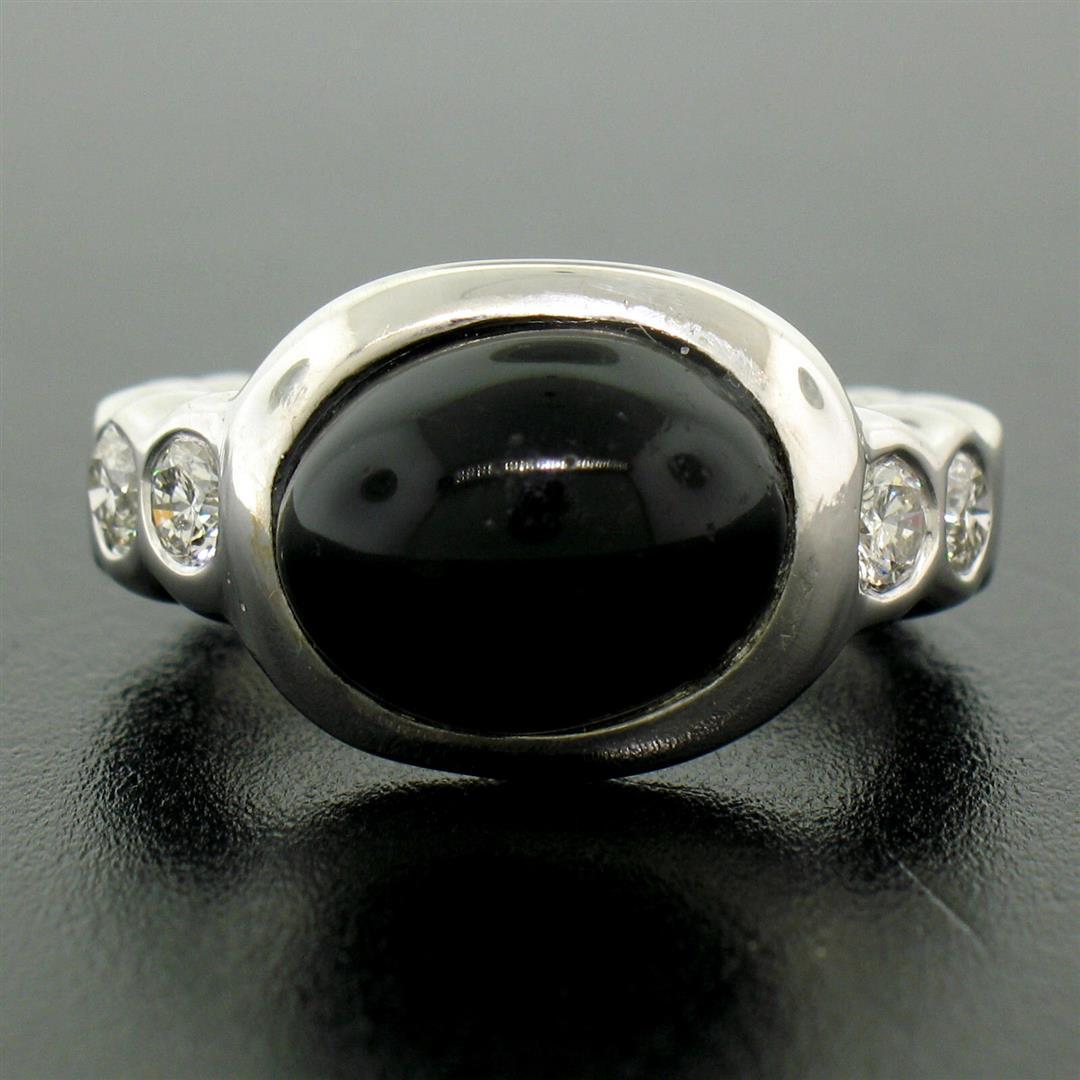 18K White Gold Oval Bezel Set Black Onyx & Burnish Set Round Diamond Bubble Ring