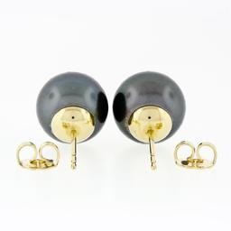 Simple Classic 18k Gold Large 10.75mm Round Gray Tahitian Pearl Stud Earrings