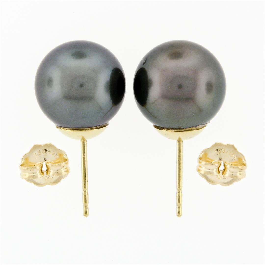 Simple Classic 18k Gold Large 10.75mm Round Gray Tahitian Pearl Stud Earrings