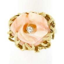 Vintage 14k Gold Rose Carved Coral High Relief Diamond Center Open Freeform Ring