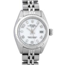 Rolex Ladies Stainless Steel White Dial White Gold Fluted Bezel Wristwatch