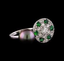 1.37 ctw Diamond, Tsavorite and Pearl Ring - 14KT White Gold