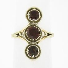 Antique 14k TT Gold Round Garnet Vertical 3 Station Concentric Wire Work Ring