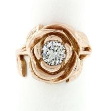 New Handmade 18k Pink Gold 0.72 ctw Round Diamond Rose Flower & Engraved Leaf Ri