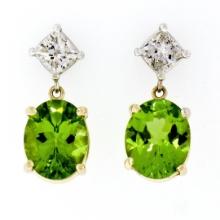 14K TT Gold 5.70 ctw Oval Peridot Princess Cut Diamond Dangle Drop Earrings