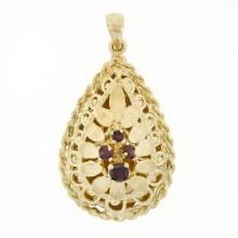 Vintage Large Textured 14k Gold .35 ctw Round Red Garnet Puffed Tear Drop Pendan