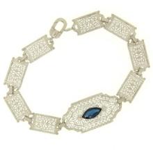 Antique Edwardian 10k White Gold Filigree Link Bracelet w/ Marquise Sim Sapphire