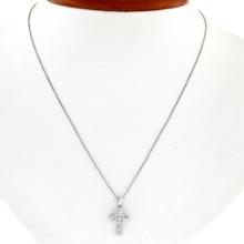 Petite 18K White Gold .37 ctw Round & Baguette Cut Diamond Cross Pendant w/ Chai