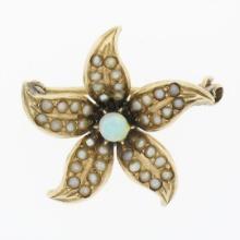 Antique Victorian 14k Gold Opal Seed Pearl Covered Lily Flower Cute Pin Brooch