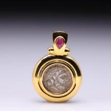 18k Yellow Gold Tourmaline & Greek Coin Pendant